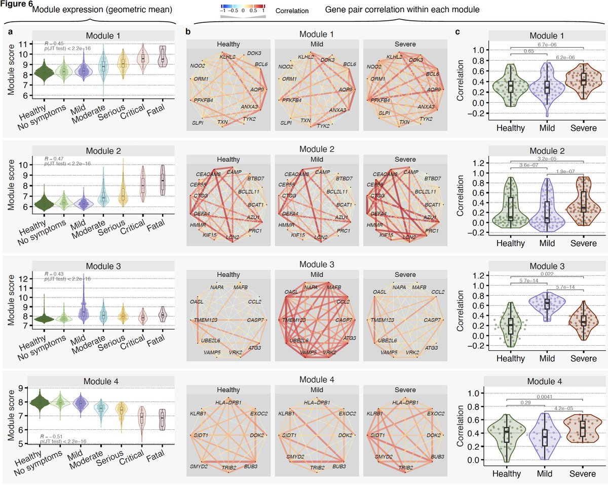 14/ We find these genes fall in 4 modules – 2 detrimental (module 1&2) and 2 protective (module 3&4). Expression of genes in detrimental modules increase with severity. Genes in protective modules higher in mild compared to severe.