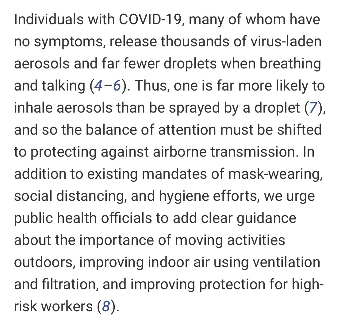 PPS/ 10/5/20 Airborne transmission of SARS-CoV-2  https://science.sciencemag.org/content/early/2020/10/02/science.abf0521.full // letter in SCIENCE summarizing airborne nature of Coronavirus. Worth noting this might also be the case for common colds and flu.
