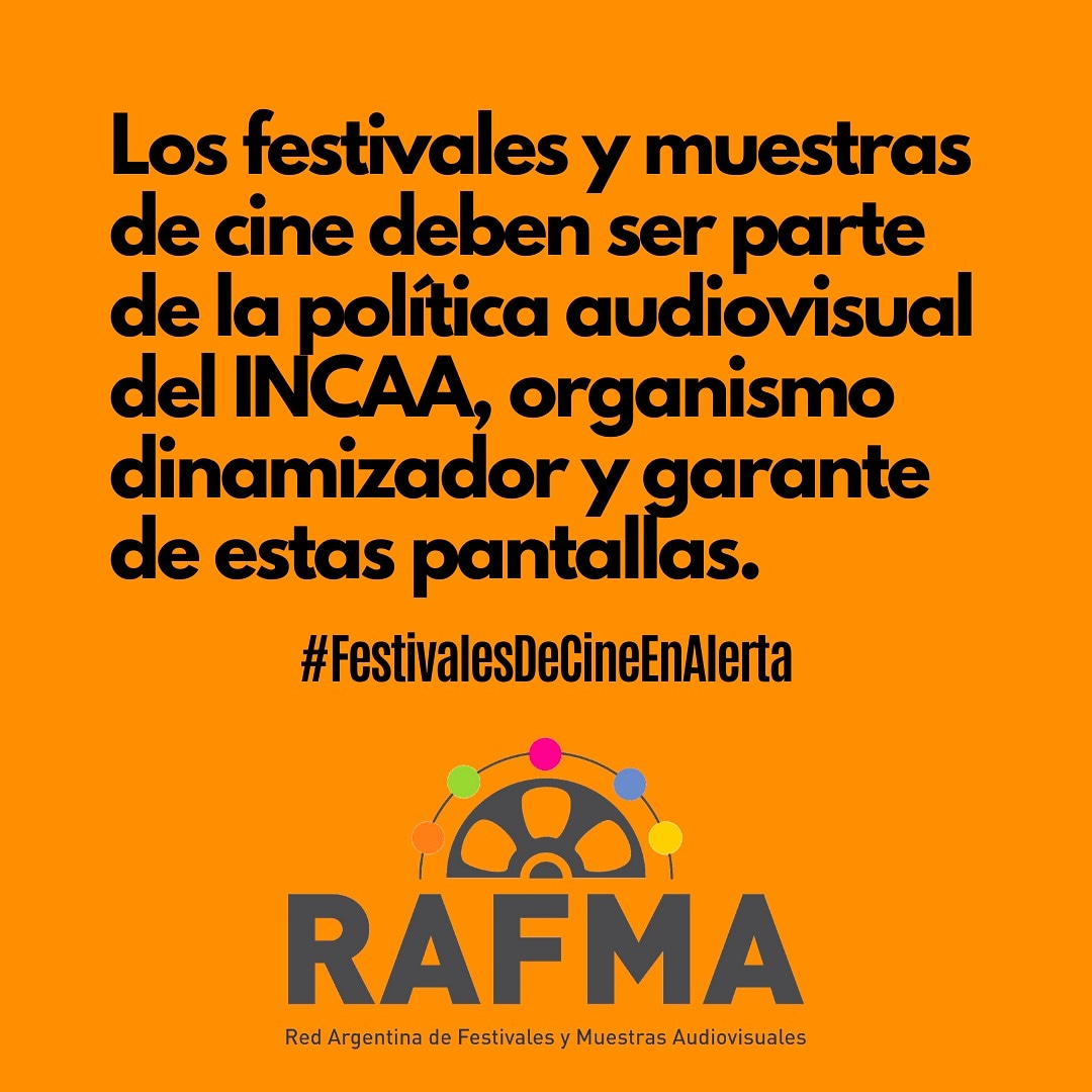 Los festivales y muestras de cine deben ser parte de la política audiovisual del INCAA, organismo dinamizador y garante de estas pantallas

<a href="/INCAA_Argentina/">INCAA</a>
<a href="/RedRafma/">RAFMA</a>

#FestivalesDeCineEnAlerta