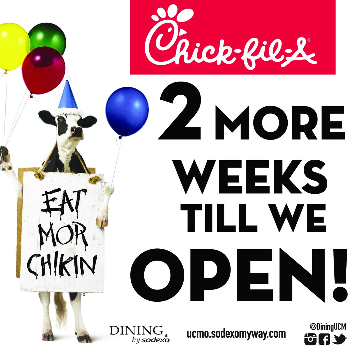 DiningUCM's tweet image. Drum roll please! We are SO excited to announce Chick-fil-A will open in TWO weeks!! Mark your calendars and bring your appetites 😋🐔

#diningbysodexo #eatmorchikin