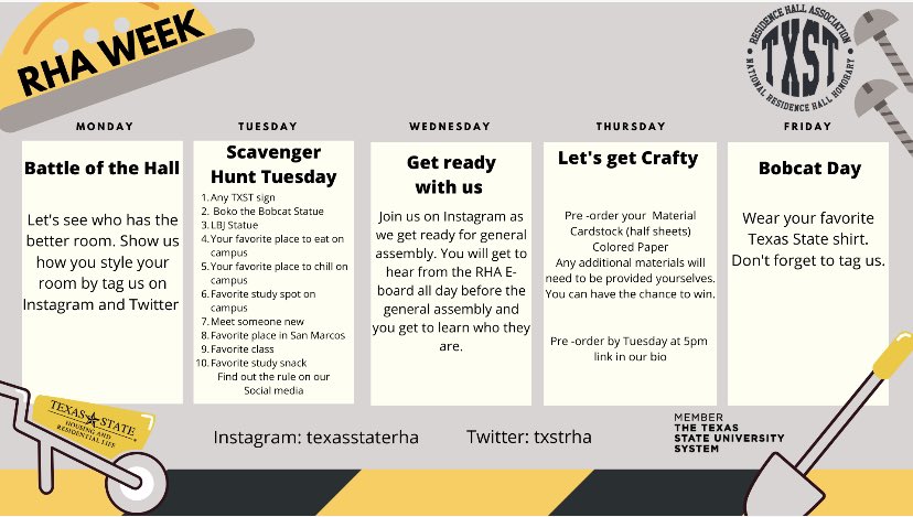 Welcome to RHA WEEK! Each day details will be out about that days event. Don’t forget to tag us. If you have any question please let us know.