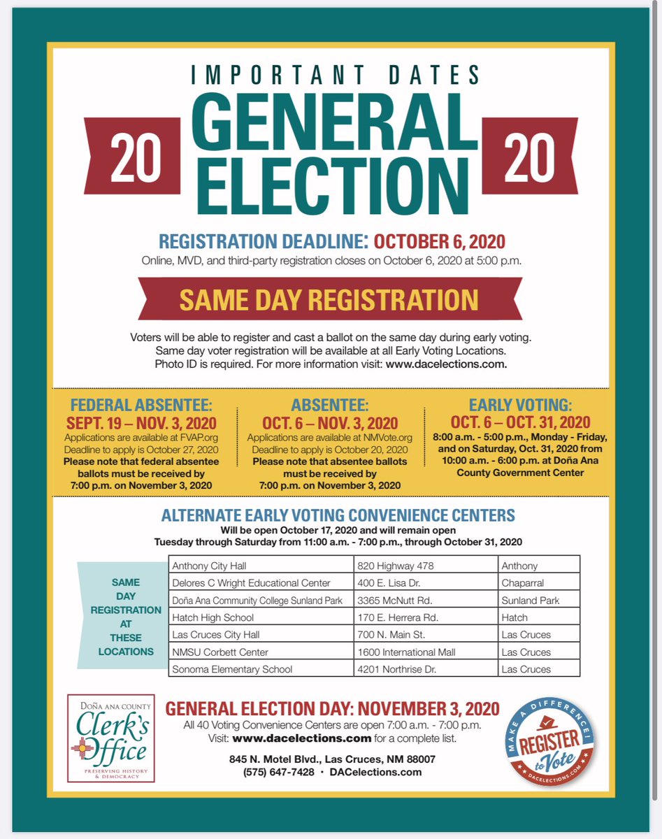 TerrianeEverha1's tweet photo. Did you know early voting begins tomorrow in Dona Ana County? #grabembytheballot #action2020 #changeiscoming https://t.co/vPThY1WFW1