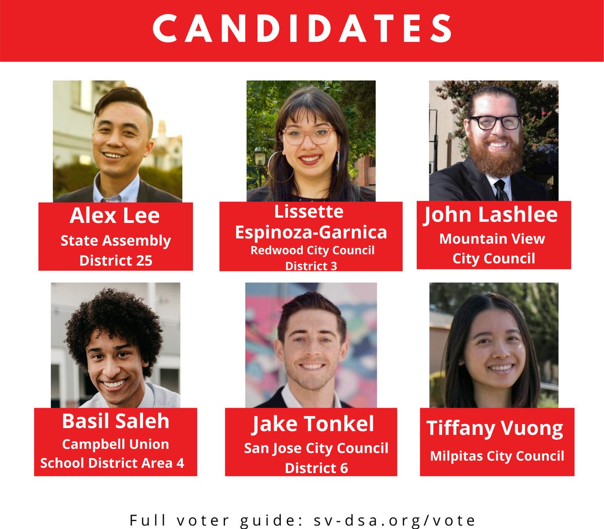 Ballots are in the mail! Fill out yours with the... SV DSA Voter Guide Pictured: our endorsed candidates. Full guide, including recommendations in other races:  http://sv-dsa.org/vote 