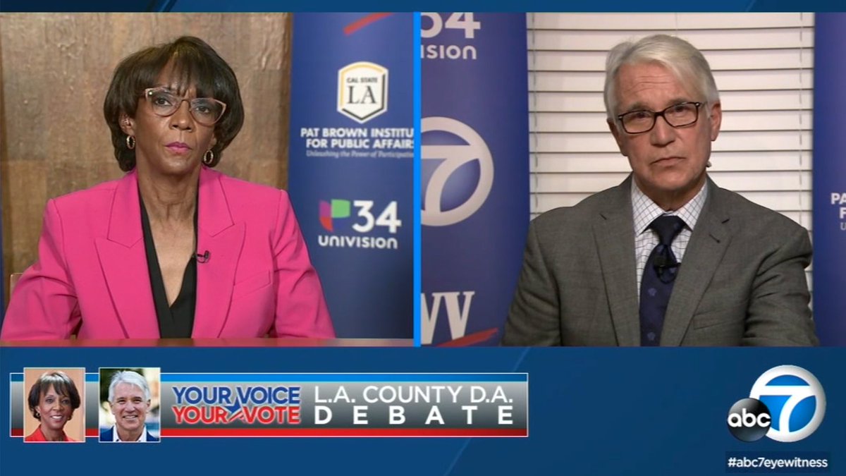 Screenshot of LA County district attorney candidates during ABC7 debate