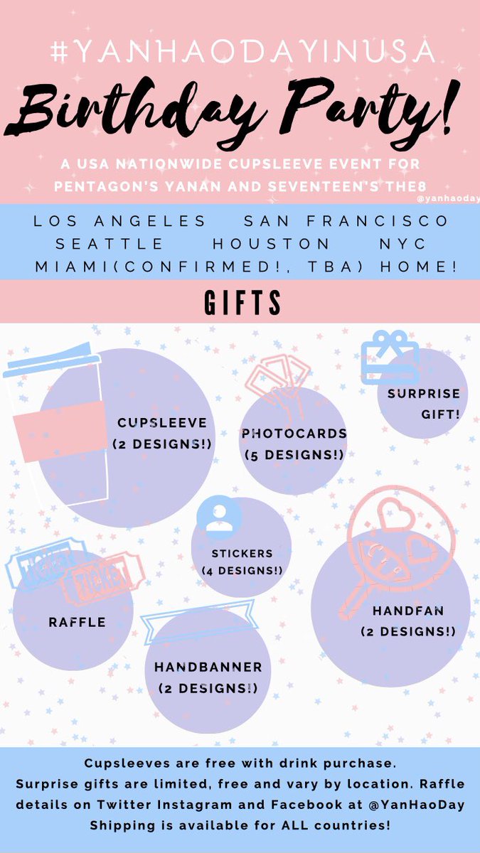 YanHaoDay's tweet photo. • #YanHaoDayinUSA •

Cupsleeve Event for #PENTAGON 's Yanan and #SEVENTEEN 's The8

MORE information below

Form: https://t.co/j96hV15kq3
Paypal Pool: https://t.co/eTkDPExsvQ

Donate By:

Houston: Oct. 8th
SF, Seattle, Home: Oct. 12th
LA, NYC: Oct. 22nd
Fresno: Nov. 22nd https://t.co/G0Eagpwx3M