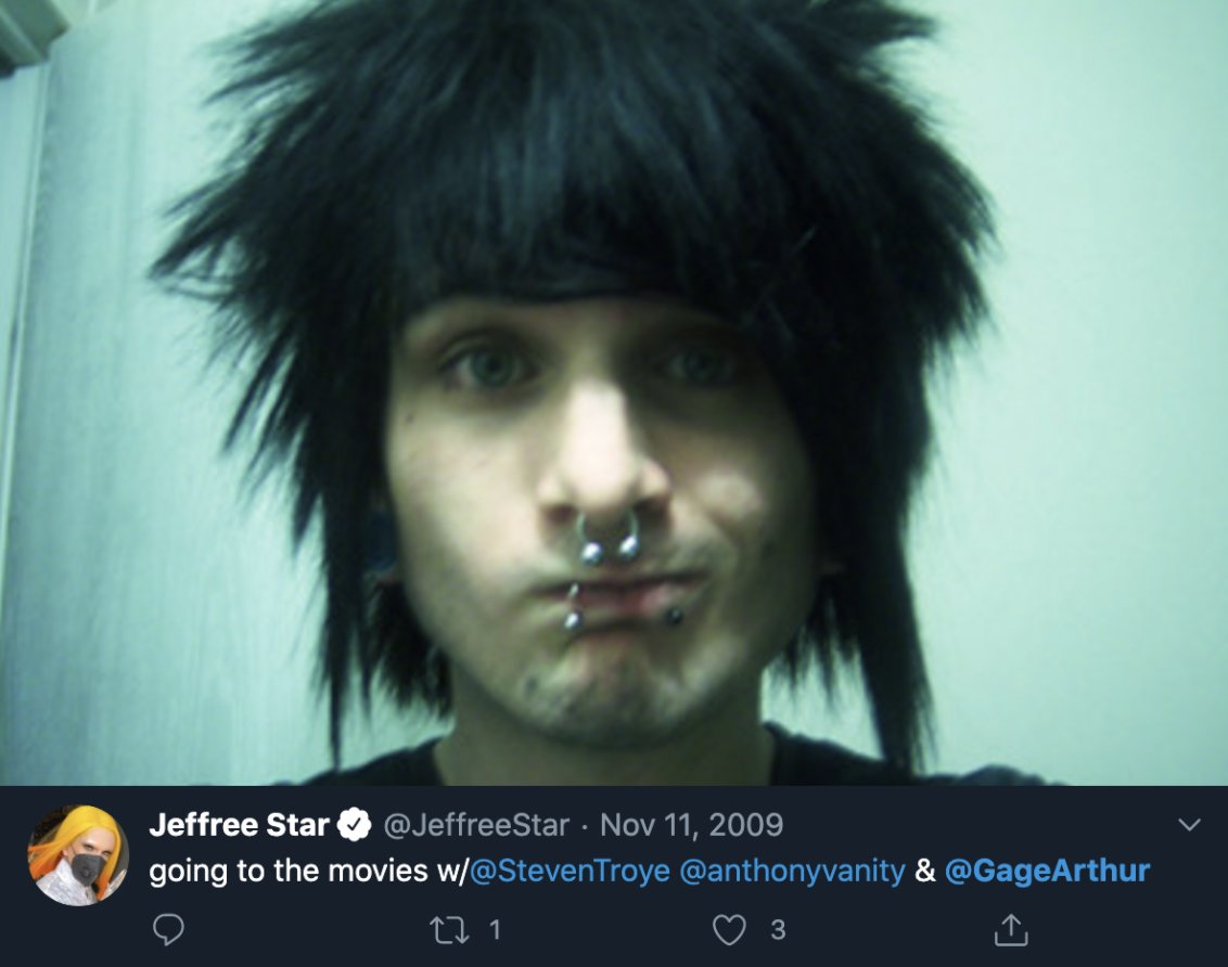 One of the men who rejected Jeffree and got tased was Gage Arthur, who Jeffree tweeted about going to a movie with in November 2009. Jeffree deleted this tweet *checks note* 1 month ago, when I asked him about it.