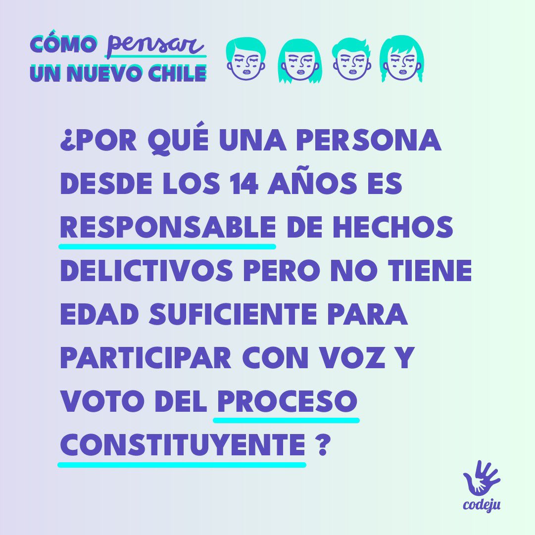 CodejuCL's tweet image. Iniciamos octubre preguntándonos: ¿Y la participación de niñas, niños, niñes y adolescentes en el proceso constituyente? ¿Por qué una persona de 14 es responsable de hechos delictivos pero no tiene edad para participar con voz y voto? Cc: @Pa__tty