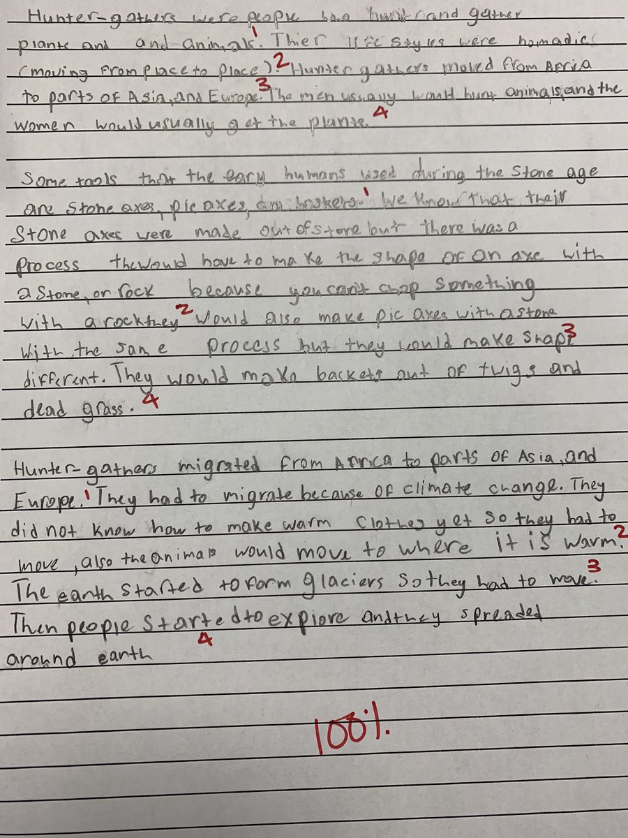 Writing is a staple in our history class. Students were assessed on their knowledge of the #StoneAge through writing prompts. This student showed what she learned about hunter-gatherers, tools, migration and climate change. @NmmsSteam @NMMScolts @ellers_david @CRenfroe4EDU #NMMS