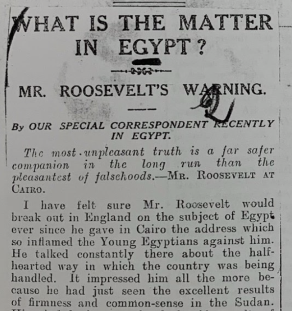 So after deciding not to run for a third presidential term, Roosevelt decides to just 'chill' and goes on a safari to East Africa and, eventually, through the Nile Valley. In June 1910, he gives a speech in Cairo: