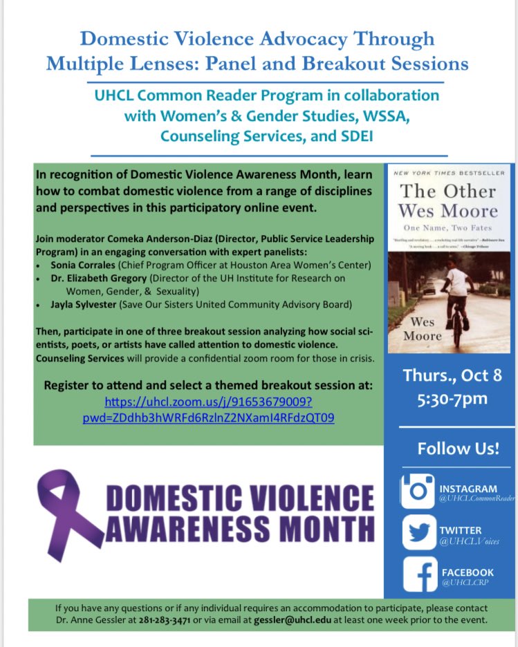 hey everyone, hope y’all are doing good! This Thursday there will be a domestic violence advocacy zoom event. Swso was invited to attend this free event. See the attached link for more information!

Hope to see everyone at our next meeting (10/12)

uhcl.zoom.us/meeting/regist…