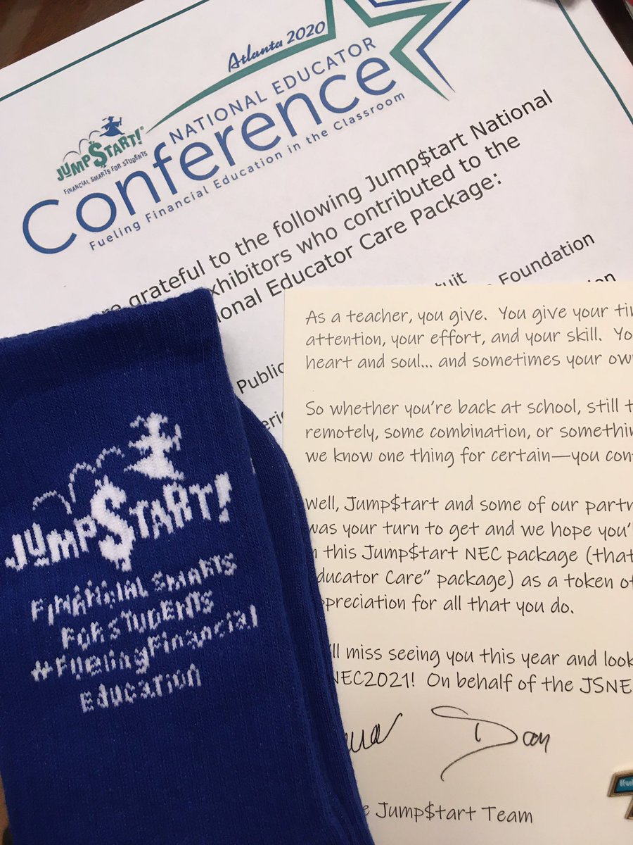 SarahIrmoSS's tweet photo. Wow! Couldn’t travel to the Jump$tart National Educator Conference, so @NatlJumpStart sent us a care package! #JSNEC Thank you!
🤩 The care package includes #FinLit socks 🤩 https://t.co/xkHwQEv07m