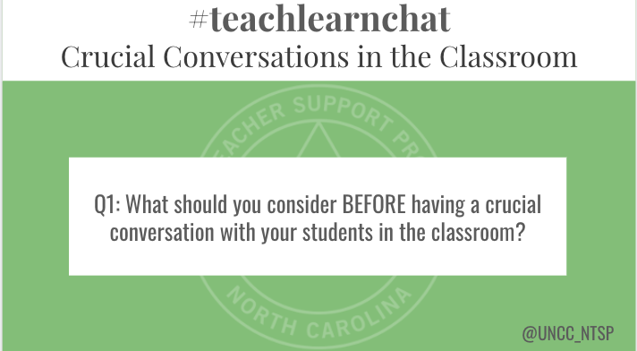 marquismason30's tweet photo. Q1: What should you consider BEFORE having a critical conversation with your students in the classroom? #teachlearnchat https://t.co/Ycd8WdxzeE