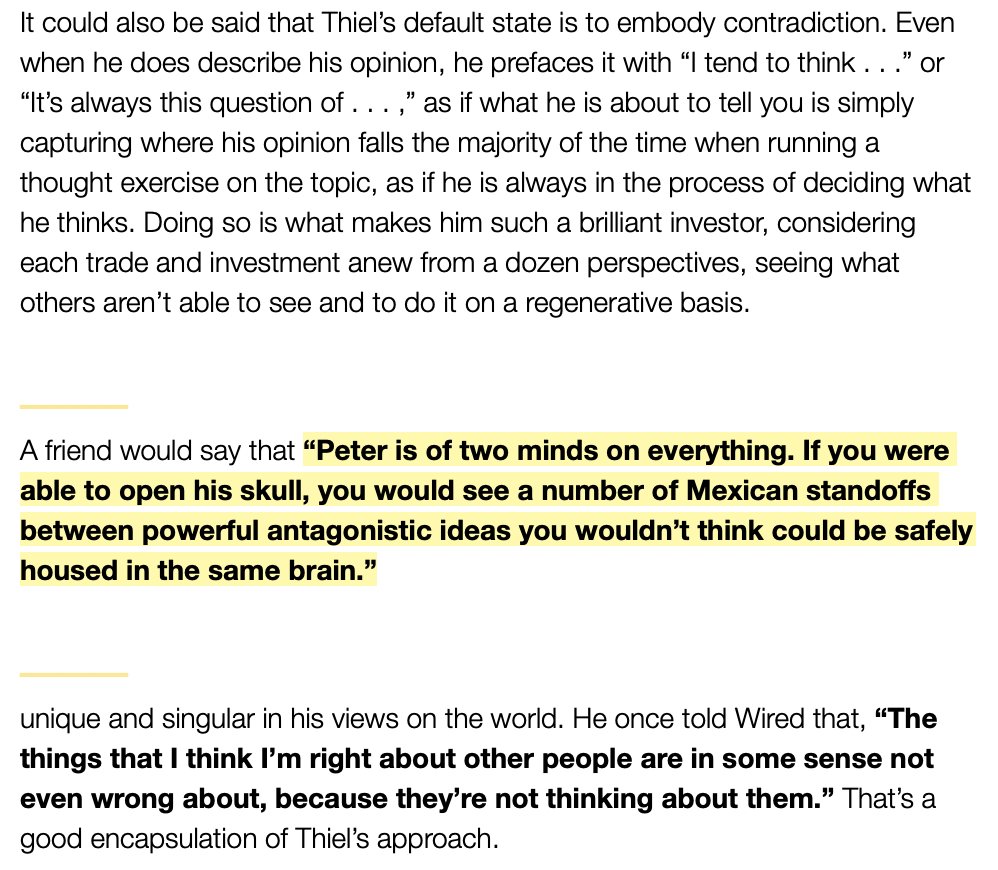 Here's a fascinating answer to "Is Peter Thiel Very Smart?" from  @RyanHoliday.I love this line: “The things that I think I’m right about other people are in some sense not even wrong about, because they’re not thinking about them.”Here are my favorite quotes.