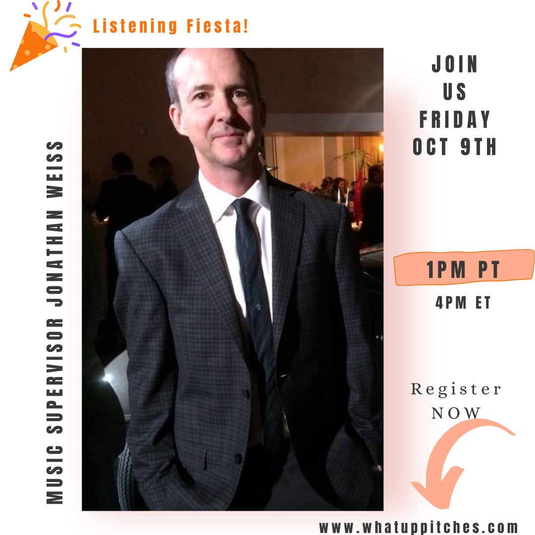 whatuppitches's tweet photo. Ready for another WUP Listening Fiesta!? ๐ Join us Friday, Oct 9th with music supervisor Jonathan Weiss.
#syncpanel #syncsession #musicforaync #musicformedia #musicsupervision #musiclicensing https://t.co/LXSyZfnevj