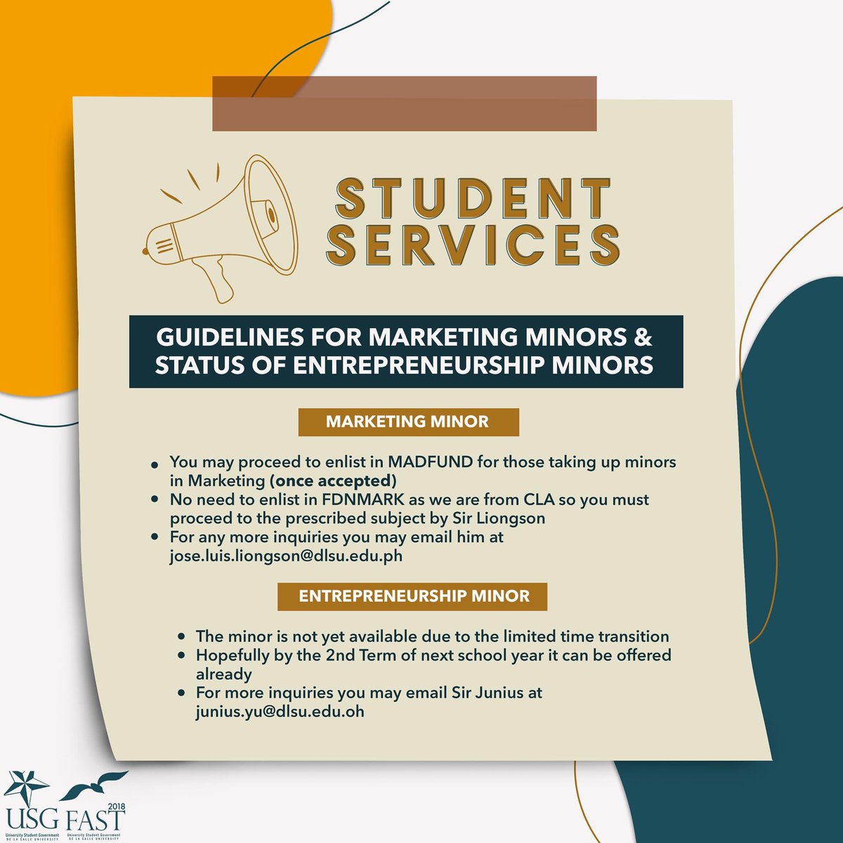 DLSUFAST2018's tweet photo. (1/2) Marketing Minors 
- You may enlist in MADFUND for those taking up minors in Marketing 
- No need to enlist in FDNMARK as we are from CLA so you must proceed to the prescribed subject by Sir Liongson 
- For any more inquiries you may email at jose.luis.liongson@dlsu.edu.ph https://t.co/AROSIWg4tq