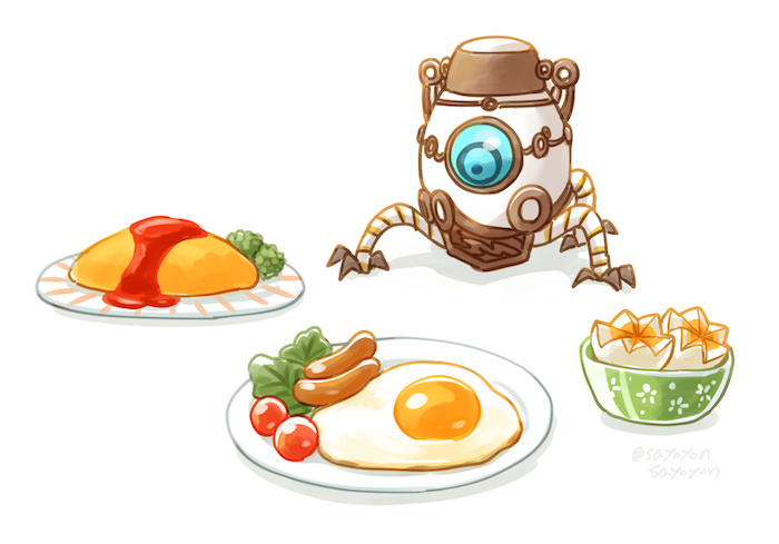 no humans food robot tomato one-eyed white background omelet  illustration images