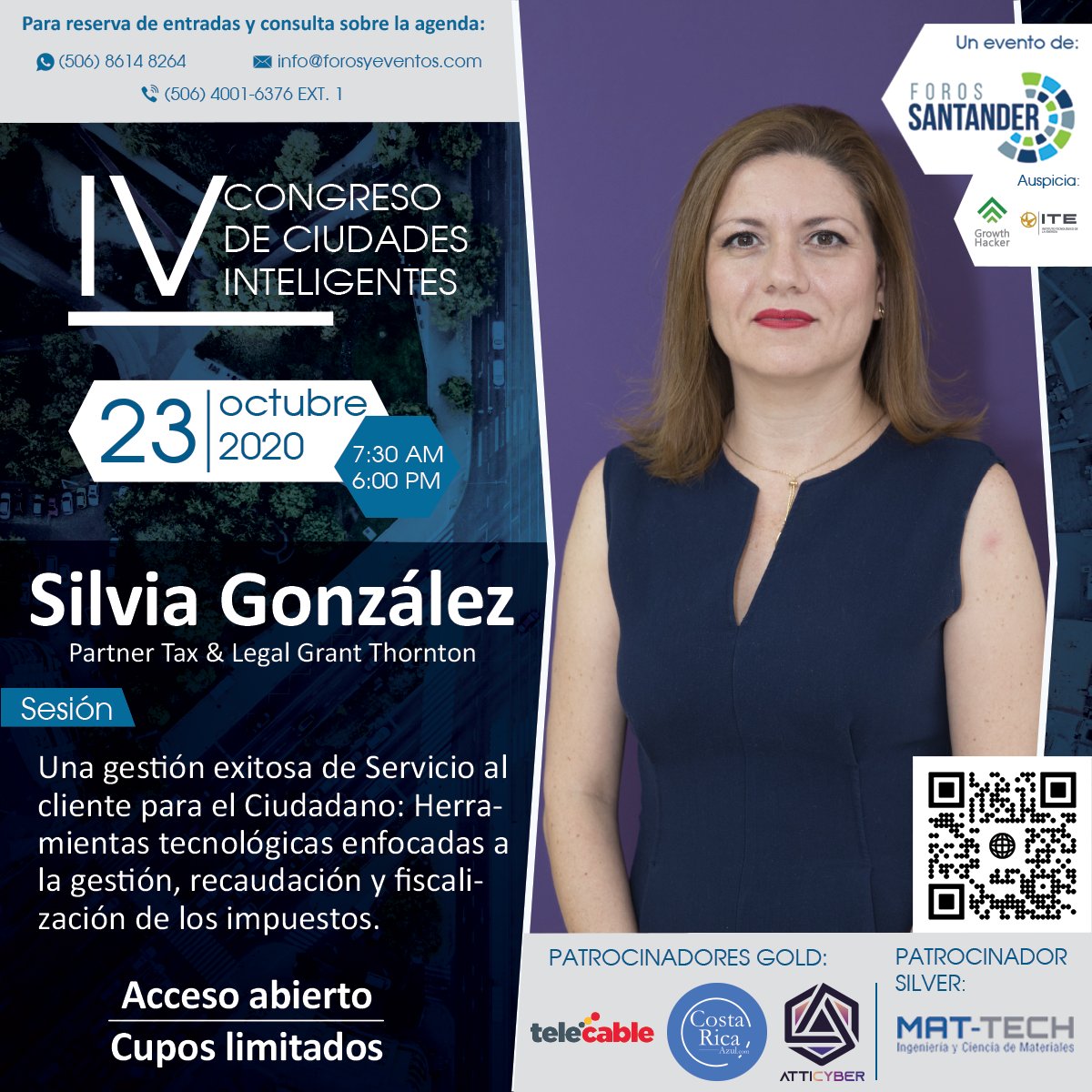 forosyeventos's tweet photo. Silvia González, Socia de @grantthorntoncr  estará en el #ivcongresodeciudadesinteligentes - 30 speakers de España, Bolivia, Chile, Colombia, y Costa Rica, entre otros - Patrocinado por Costa Rica Azul  y Mat-Tech - Inscripciones en https://t.co/hC2AzjzUAy - Con @grantthorntoncr https://t.co/6BFc77AX7J