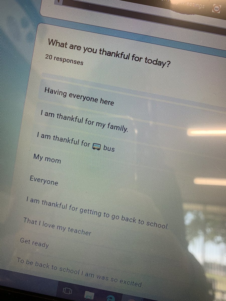 malette_amanda's tweet photo. My students make a lunch choice via google forms then tell what they are thankful for each day. Seems safe to say they are excited to be back at school &amp; more importantly...together!  Seeing what they are thankful for brightens my day! #thesekidsareamazing #imthankfulforthem 🤗❤️ https://t.co/UmuzMpXC0N