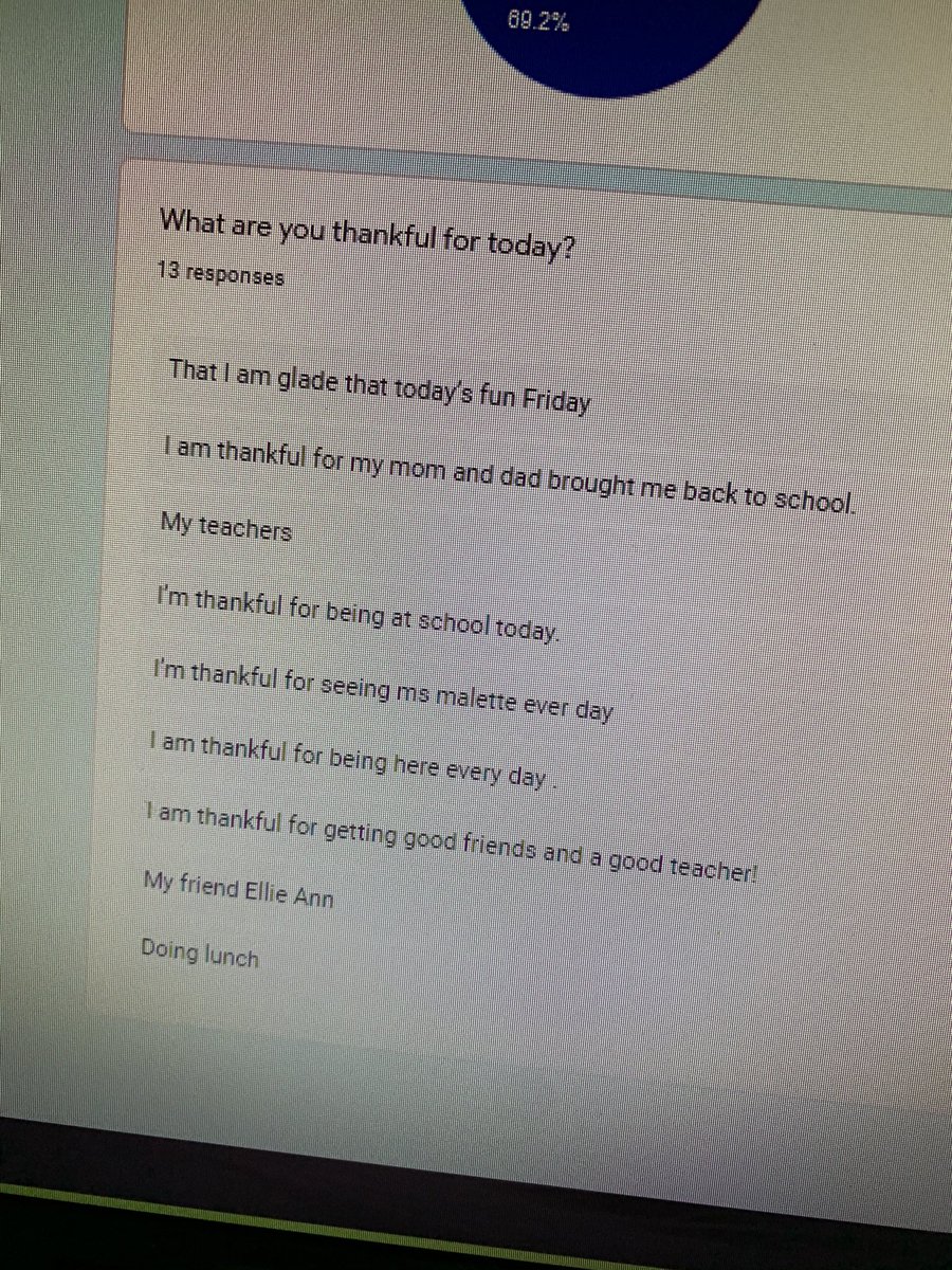 malette_amanda's tweet photo. My students make a lunch choice via google forms then tell what they are thankful for each day. Seems safe to say they are excited to be back at school &amp; more importantly...together!  Seeing what they are thankful for brightens my day! #thesekidsareamazing #imthankfulforthem 🤗❤️ https://t.co/UmuzMpXC0N