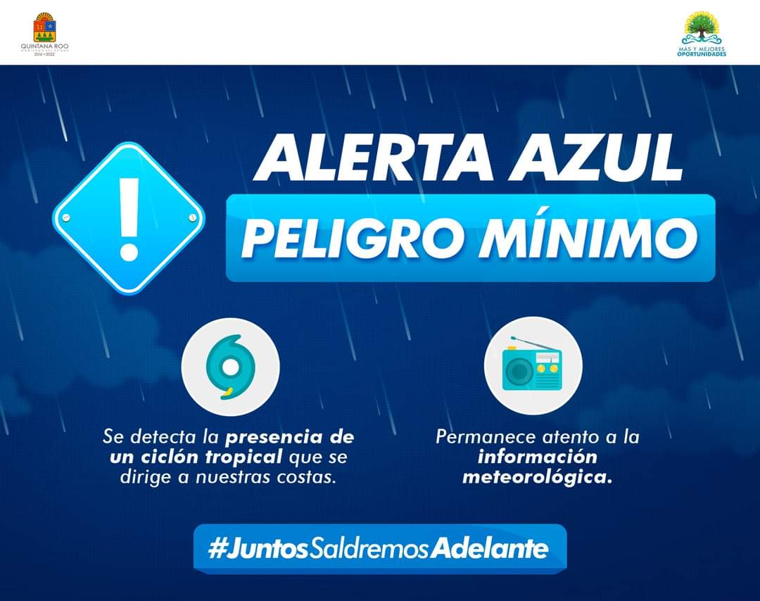 Se emite #AlertaVerde por la aproximación de la aún tormenta tropical #Delta para: Tulum, Solidaridad, Cozumel, Puerto Morelos, Benito Juárez, Isla Mujeres y Lázaro Cárdenas. #AlertaAzul para: Felipe Carrillo Puerto y José Ma. Morelos. Sin alerta: Bacalar y Othón P. Blanco.