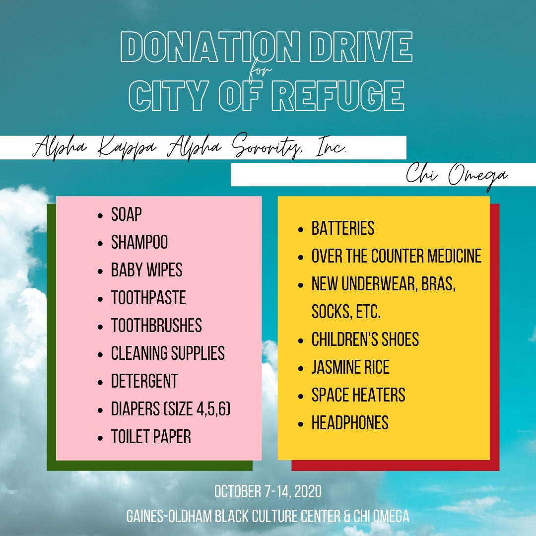 We are so excited to partner with Chi Omega for this cause! We’re having a donation drive for City of Refuge here in Columbia. Donation boxes will be located in the GOBCC and at Chi Omega from October 7-14!💓💚