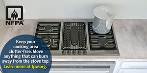 Keep your cooking area clutter-free! Move anything that can burn at least 3 feet away from the cooking area, including oven mitts, towels, wooden utensils and food packaging. #FirePreventionWeek  bit.ly/2WqI7R8