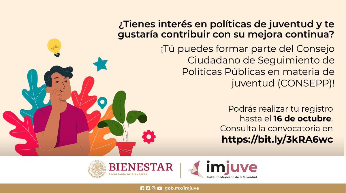 imjuvemx's tweet photo. ¡El @CONSEPP está en proceso de renovación de diez integrantes! ¿Tienes interés en políticas públicas en materia de juventud? Te estamos buscando.

Convocatoria abierta hasta el 16 de octubre. ¿Qué esperas para iniciar tu registro?💻
➡️ https://t.co/4wuqfwqkAu https://t.co/IdMlpJgz9S