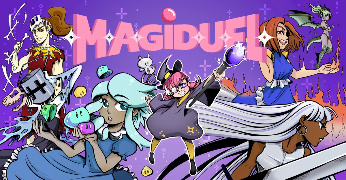 magiduel's tweet photo. #Magiduel Beta will officially launch this Friday! Story mode, mascots and more! And we have some great promo art by Cindy Lee ( https://t.co/ZgAxwL8MGP ) to go with it. Which character are you excited to play as? https://t.co/Uq03H0OBlA