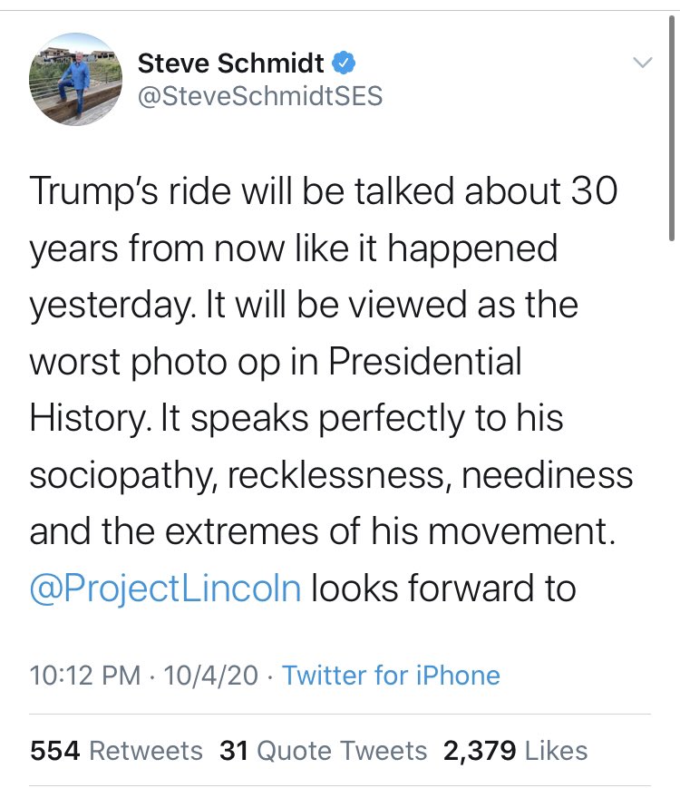 Perhaps the most deranged inductee is  @SteveSchmidtSES.Four days ago - four days! - he was incensed because Trump wouldn’t follow “the advice of public health experts and MD’s.” Now he is similarly incensed because...Trump did something his medical team cleared.  #HypocrisyHOF