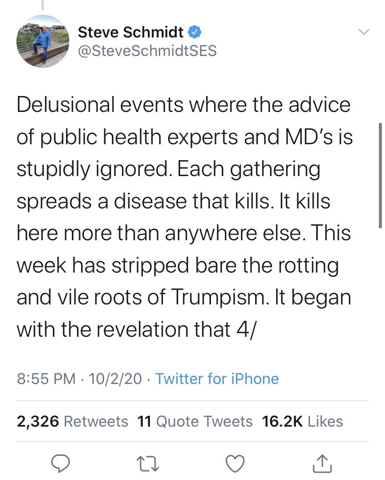 Perhaps the most deranged inductee is  @SteveSchmidtSES.Four days ago - four days! - he was incensed because Trump wouldn’t follow “the advice of public health experts and MD’s.” Now he is similarly incensed because...Trump did something his medical team cleared.  #HypocrisyHOF