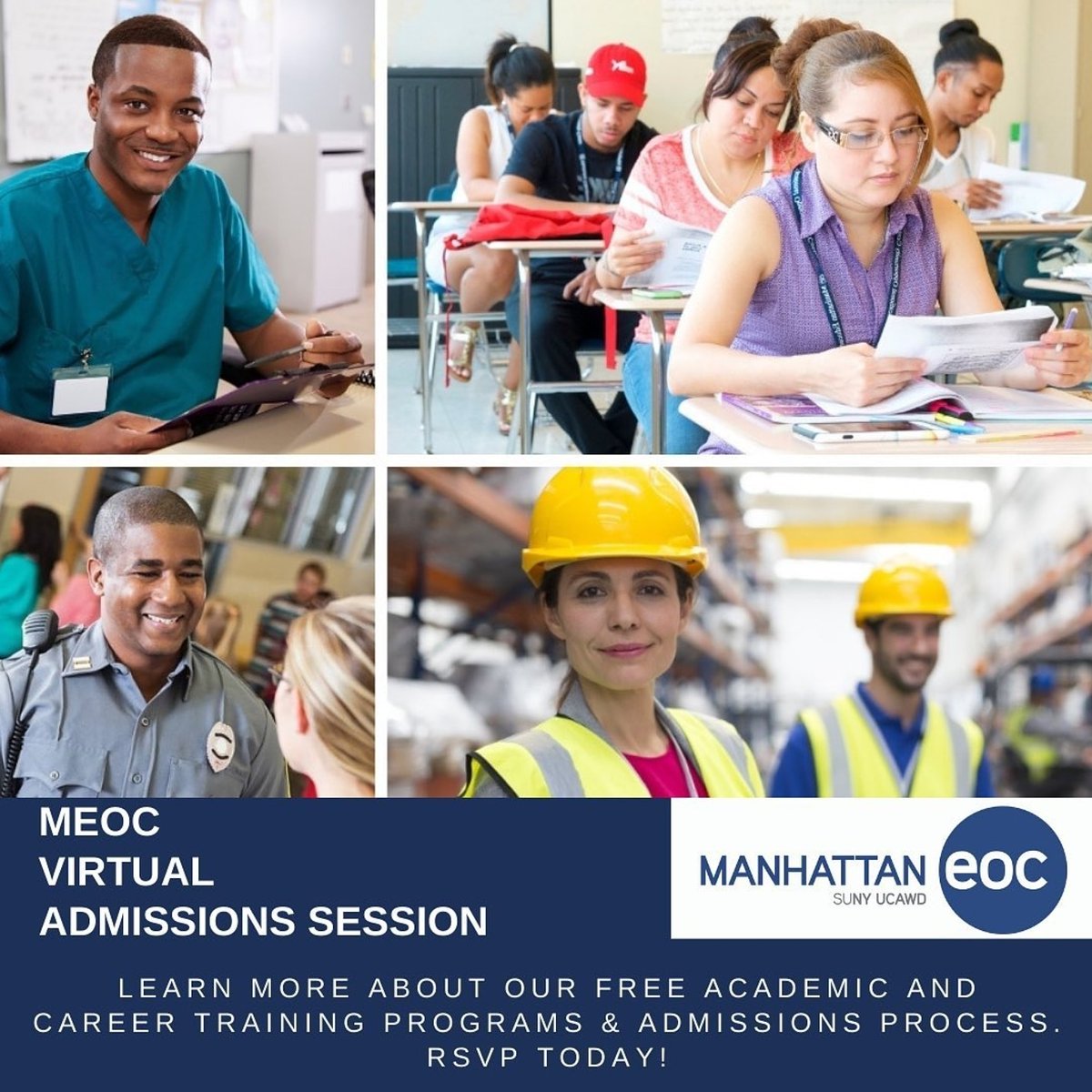 ManhattanEOC's tweet image. Apply. Earn. Achieve!

October 15 is the deadline to apply for our 🆓️ online October classes.

Learn more about our programs by reserving your seat for this Thursday’s Virtual Admissions Session! Link in bio.
#freeonlineclasses #certification #hsediploma #healthcare #osha #jobs