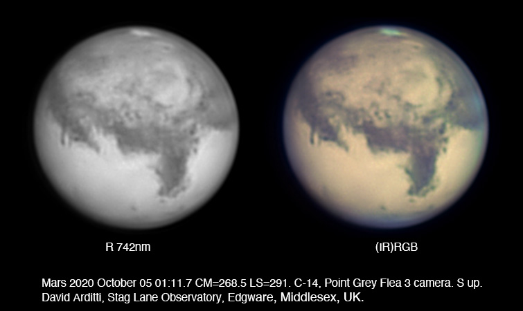 Just over a day away from its closest approach to Earth, here is Mars from Monday morning. Seeing was quite poor and the planet was grabbed in a cloud gap. Syrtis Major is almost central on the disk, blue hazes are seen at the limbs, and the S polar cap is almost gone.