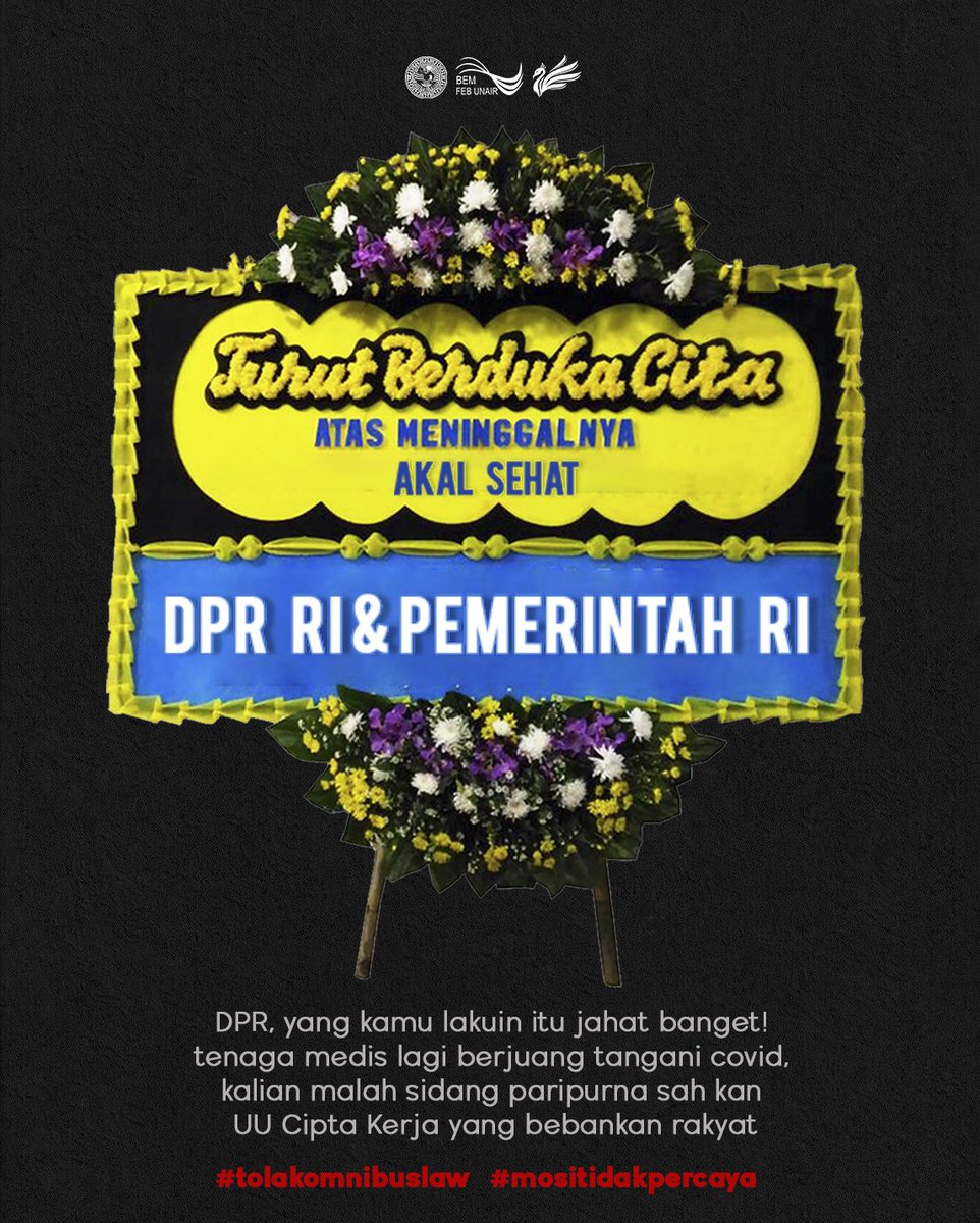 [KAMPANYE CARI RAKYAT, BIKIN KEPUTUSAN TANPA DENGAR RAKYAT]

BEM FEB Unair menyatakan sikap MENOLAK aksi eksploitatif dari pemerintah yang tidak mengindahkan kepentingan rakyat Indonesia dalam pengesahan UU Cipta Kerja (Omnibus Law) pada 5 Oktober 2020. 

#OmnibusLawSampah