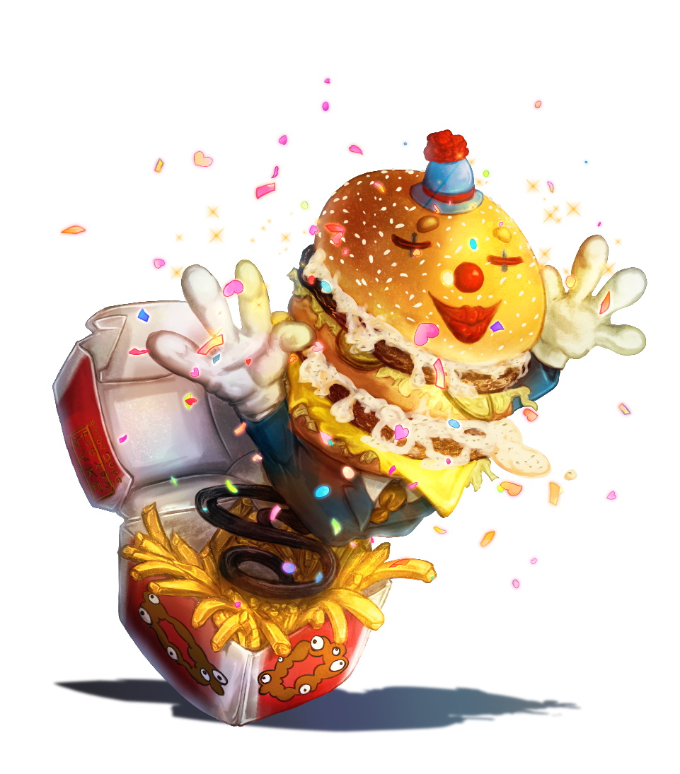 #モンスターイラスト
SVのミミックBできました。
ハンバーガーのピエロびっくり箱!?
ビックマック食べてて思いつきました🤣 