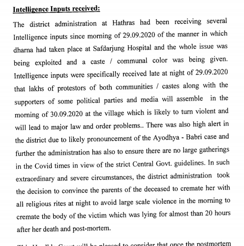  #HathrasCase : Victim cremated at night with to avoid large scale violence in the morning. There were intelligence reports of the issue being exploited to give a caste/communal colour, UP govt tells SC. @UPGovt  @Uppolice