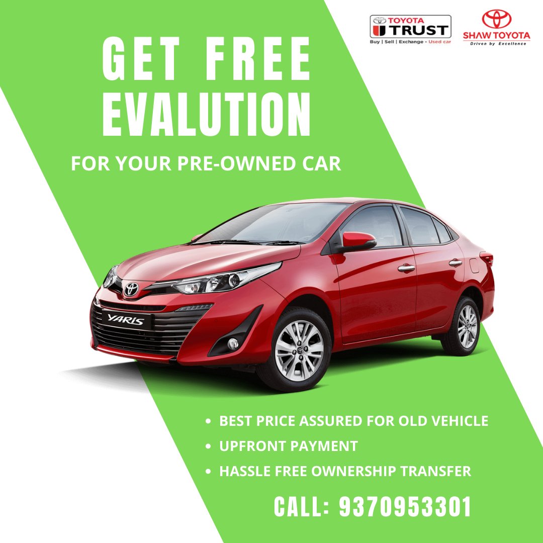 shaw_toyota's tweet photo. Get Free Evaluation for your pre-owned car.
- Best price assured for an old vehicle
- Upfront payment
- Hassle-free ownership transfer
🌐https://t.co/vmYALREhWS ☎9370953301
#ForYouWeAre #ShawToyota #Utrust #freeevaluation #ToyotaIndia #ToyotaPune #offers #exchangeoffer #Punecity https://t.co/KhHIGG8rP5