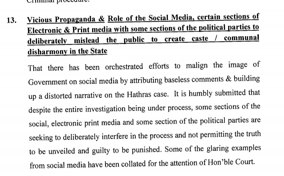 There has been a "vicious propaganda" in social media, certain sections of media with some sections of political parties to deliberately mislead the public to create caste/communal disharmony in the state, UP govt tells SC. #HathrasCase