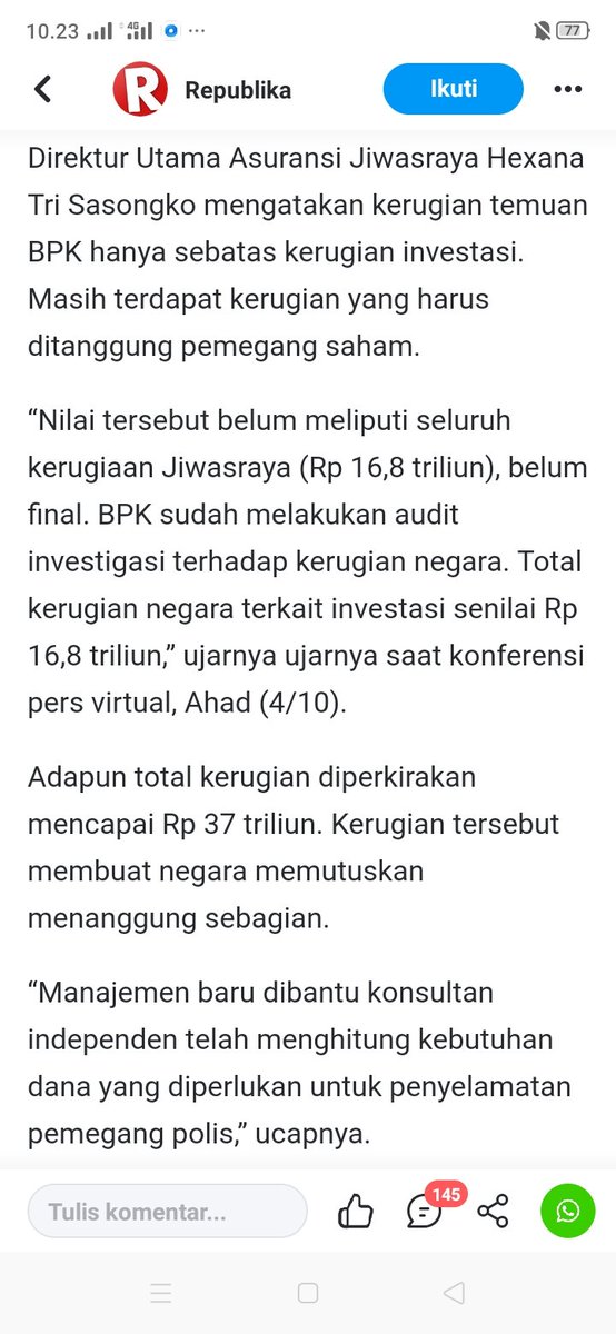 FaGtng's tweet photo. Kerugian Negara adalah kerugian gagalnya Investasi , BUKAN KORUPSI.
Jadi , kenapa para terdakwa di jerat UU Tipikor ??
Siapa yg menentukan dana pemerintah di investasikan pada saham - saham tertentu ?
Tidak mungkin #Hexana sebagai Dirut AJS tidak mengetahui.
@KejaksaanRI https://t.co/6Xlcrp2slQ