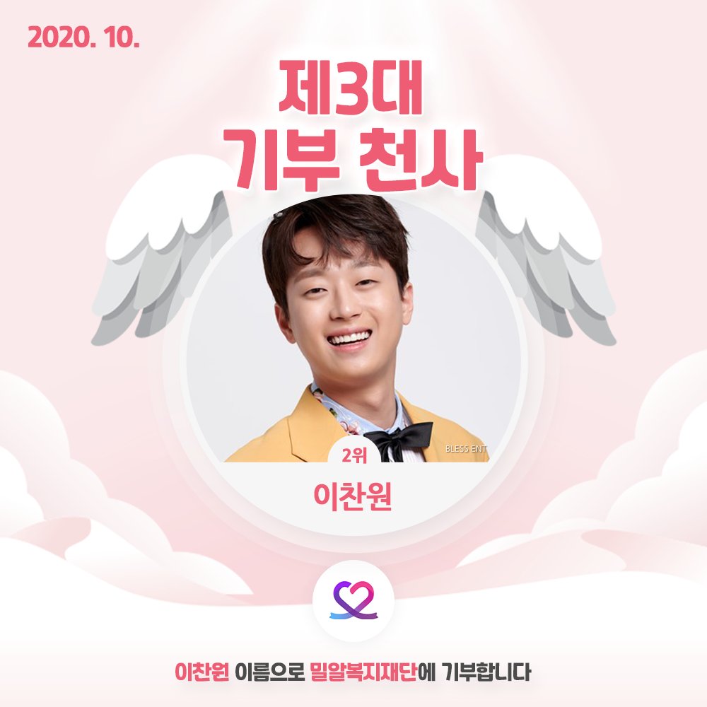 myloveceleb's tweet image. ❣️2020년 10월❣️
제 3대 기부천사 종합 2위 #이찬원
축하합니다!

🔸기부천사 축하하기!
naver.me/F6zX52Kt

🔸내 셀럽 기부천사 만들기!
welcome.myloveceleb.com

#최애돌셀럽 #최셀럽
#기부천사 #Charity_Angel
#이찬원 #LeeChanwon #李灿元 #李燦元 #イチャンウォン #찬스