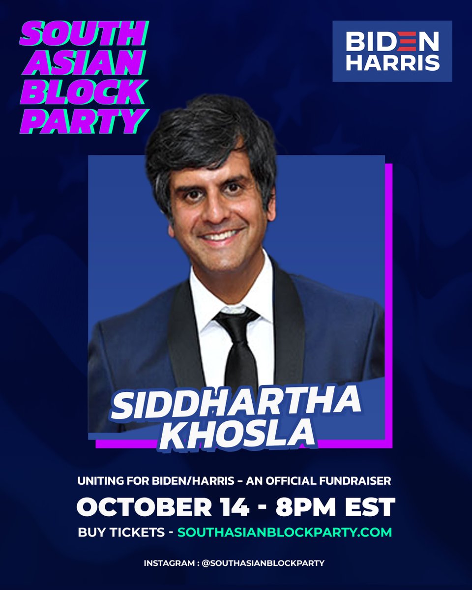 SiddKhoslaMusic's tweet image. October 14! Join me &amp;amp; @mindykaling @aasif @PreetBharara @kumailn and friends for #SouthAsianblockparty and let's get @JoeBiden &amp;amp; @KamalaHarris in to save our democracy.

Get your tickets! 
secure.joebiden.com/a/southasian-b…

#BidenHarris #SouthAsiansUnite