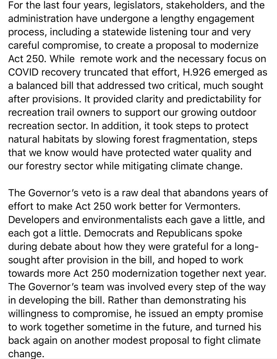 The Governor’s veto of H.926 is a raw deal for Vermonters. Full statement ⤵️ #vtpoli