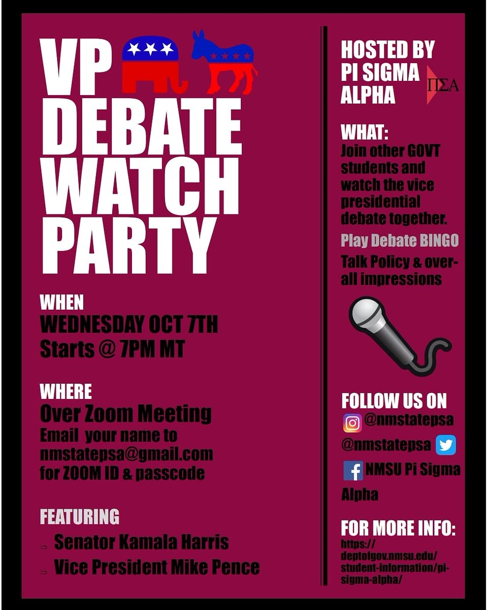 nmstatepsa's tweet image. See you Wednesday at 6:45pm!
@nmsu @NMSUNews @nmsu_arts_sci @ASNMSU @nmsu_arts_sci @NMSURoundUp @honorsnmsu @NMSUAlumFriends  @nmsugradschool @nmsu @NMSULibrary @nmsu