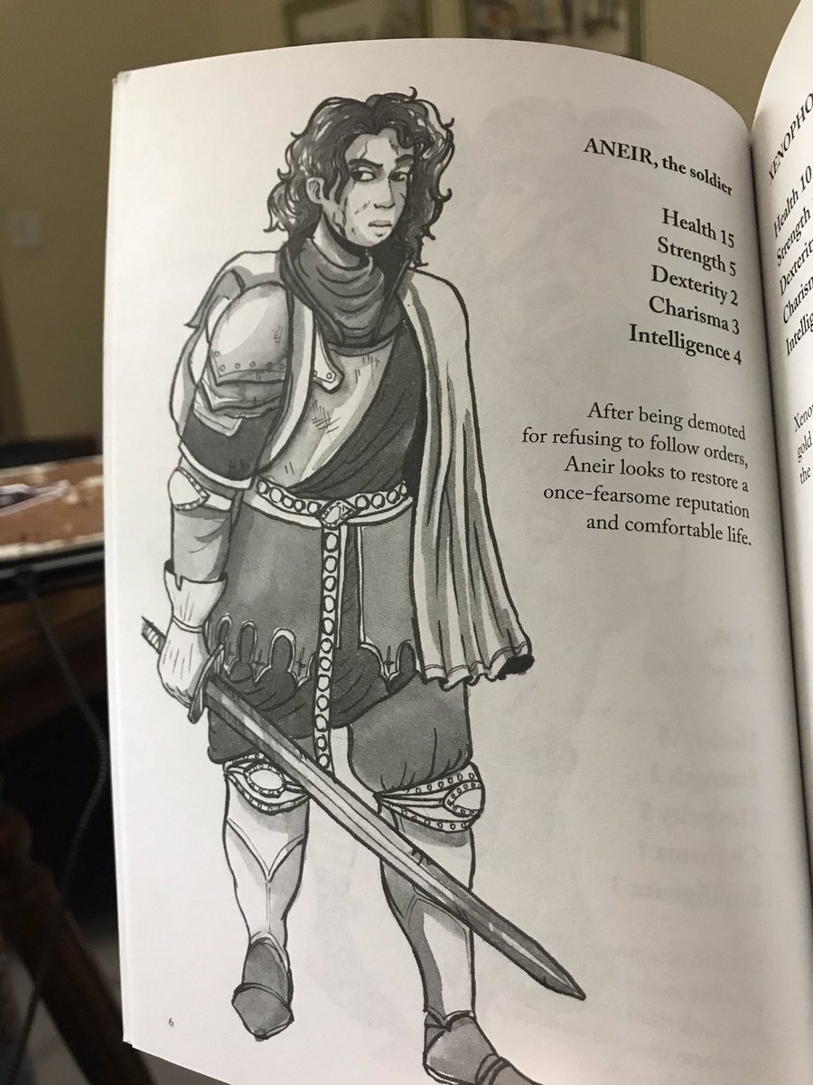 There are four starting characters (you can also make your own) with some cool artwork. What I love is that their genders are not defined by either art or text. That’s an inclusive approach I am loving. We’re going to play as Aneir the Soldier.