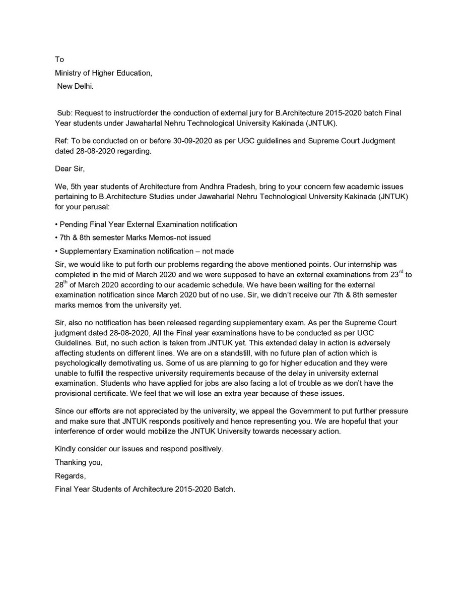 ARajesh98's tweet photo. Sir,We Students of B-Architecture from Andhra Pradesh did not received our final year exam notification from March even after requesting the university (JNTUK - AP).But There is no response from university.Please help us in resolving the issue.@ApSfi @SFI_CEC @ugc_india https://t.co/EkF01JKxH9