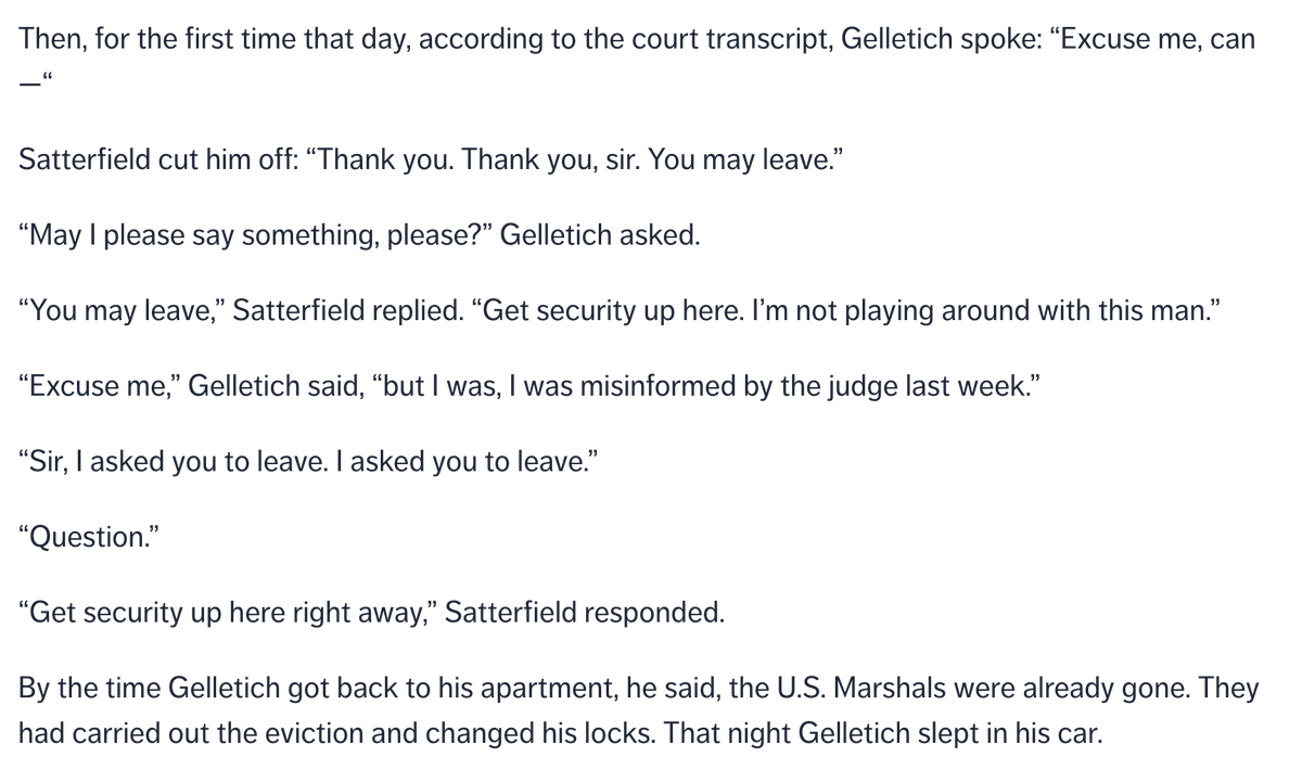 Also, it's crucial to note the way the way eviction judges treat tenants about to lose their homes. The day Joe Gelletich was scheduled to be evicted, he went to court because a previous judge had told him his eviction couldn't be scheduled that early. Instead, this happened:
