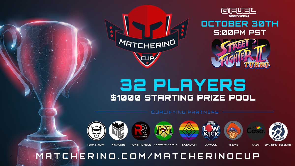 Introducing Matcherino Cup 🏆

32 players will compete for at least $1000 in Super Street Fighter Turbo from the help of our 9 different partners 🎮 Finals are on the 30th and we’ll have multiple streams and commentators🎬 Matcherino.com/matcherinocup