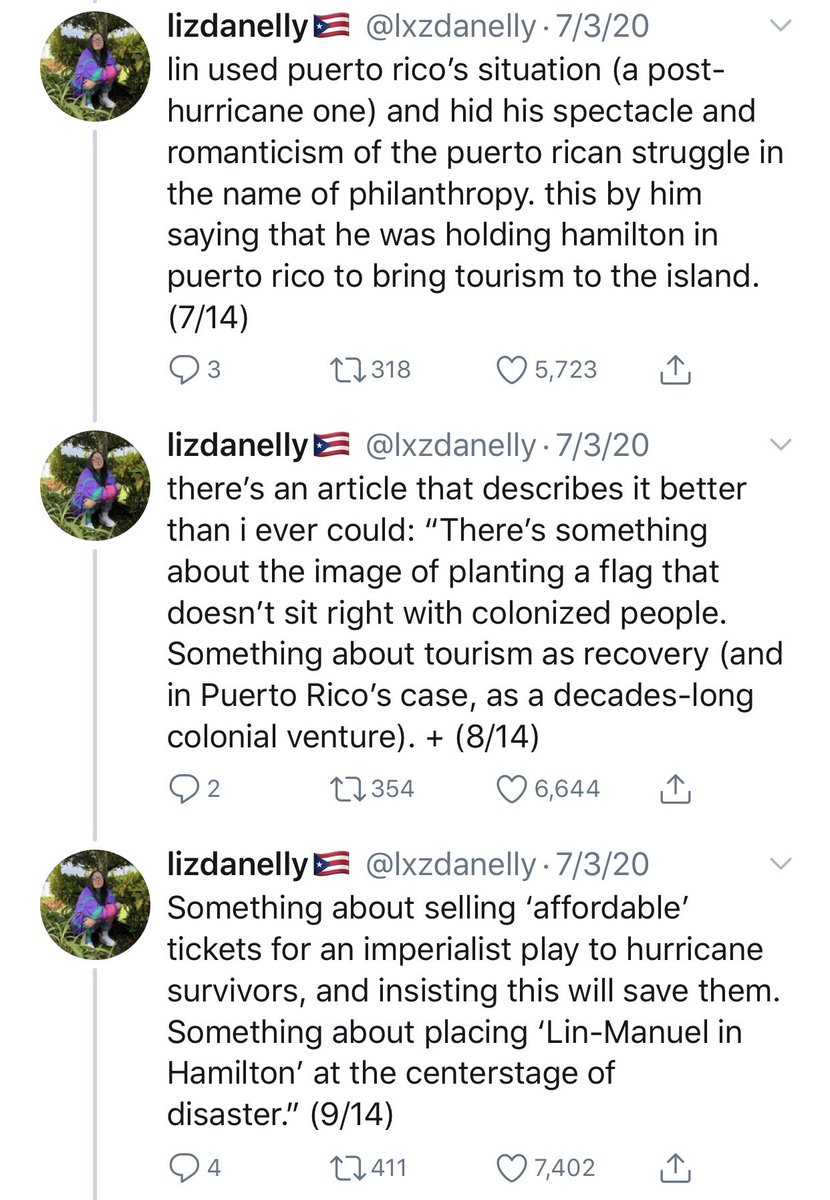 Some of those reasons are outlined here in this screenshot of one of the threads. I don’t have much of a response to this because it’s such a reach and just untrue. His intention was never to insinuate that the only way to help the island was to see Hamilton 