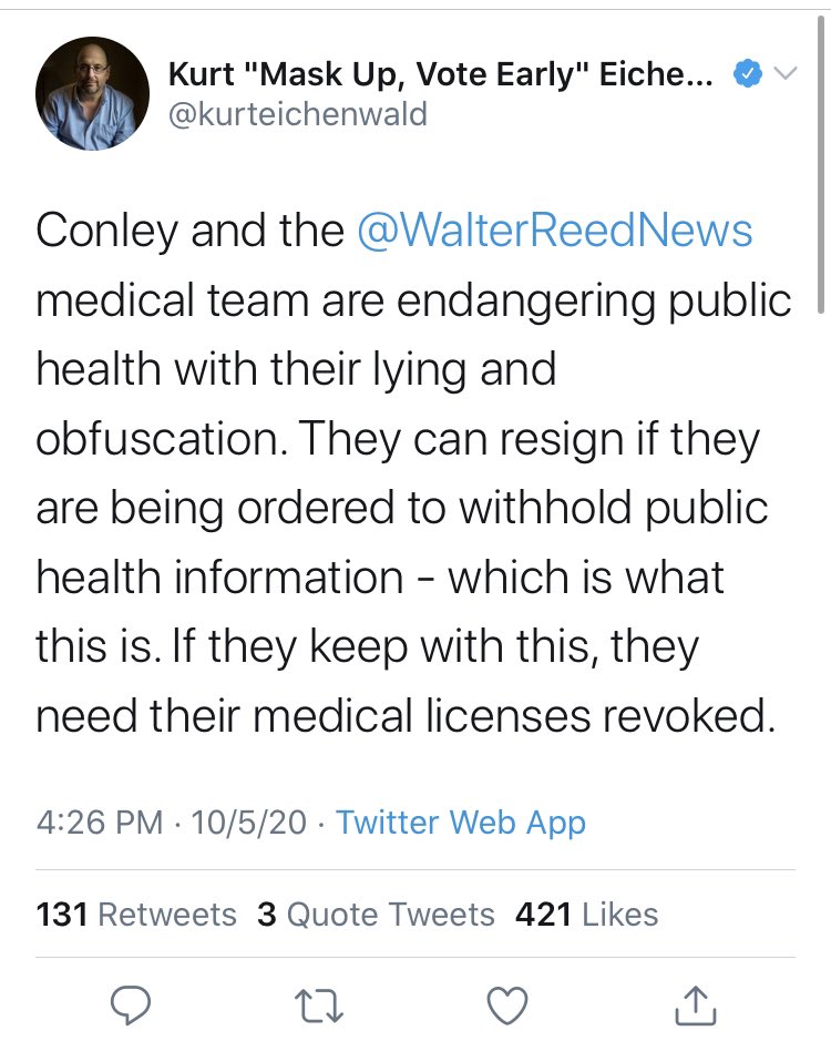 And no thread is done without a mention of  @kurteichenwald.From being upset about the US not following best practices from public health experts to a medical team “endangering public health with their lying and obfuscation.”What happened to ‘listen to the experts,’ Kurt?
