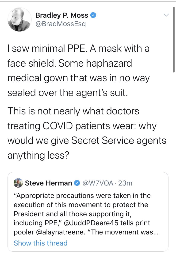 Starting the list of honorable mentions is  @BradMossEsq. He went from accusing  @FDRLST of saying doctors are lying about COVID to saying that Trump’s doctors, who signed off in his car ride, must be lying about it.