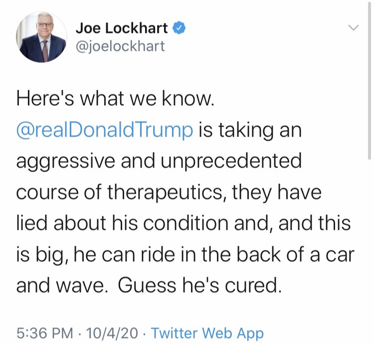 Always a competitor for the  #HypocrisyHOF,  @joelockhart goes from saying that Trump doesn’t “believe in science or expertise” and thinks that “the experts don’t matter” to calling some of the top medical experts in the country liars.